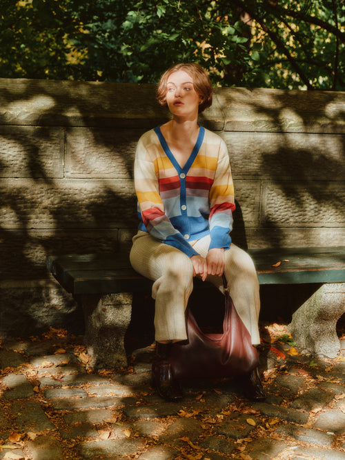 Amanecer Alpaca Cardigan — gradient alpaca knit inspired by sunrise over Uyuni Salt Flats, ethically handmade in Bolivia.