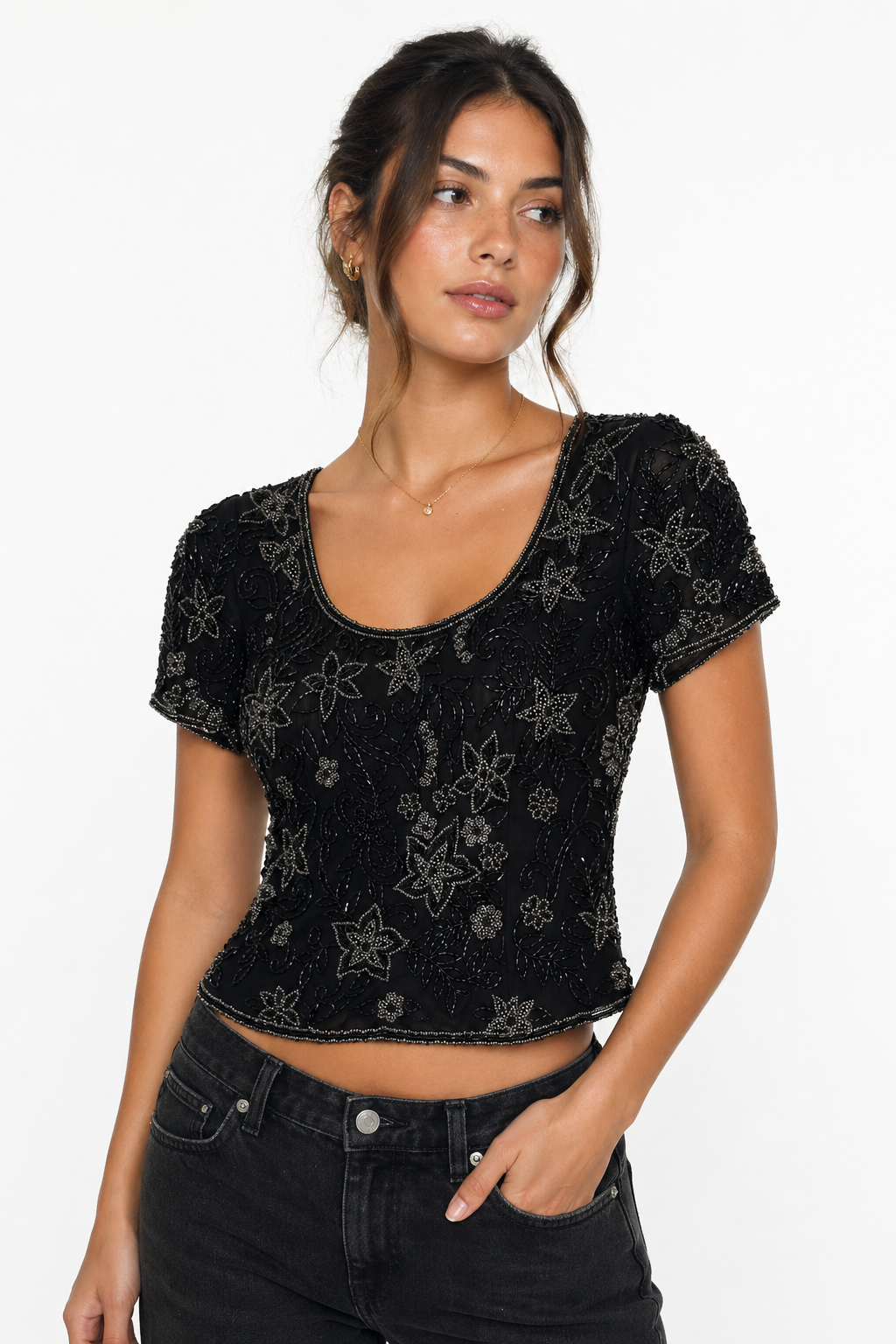 Midnight Beaded Short Sleeve Top