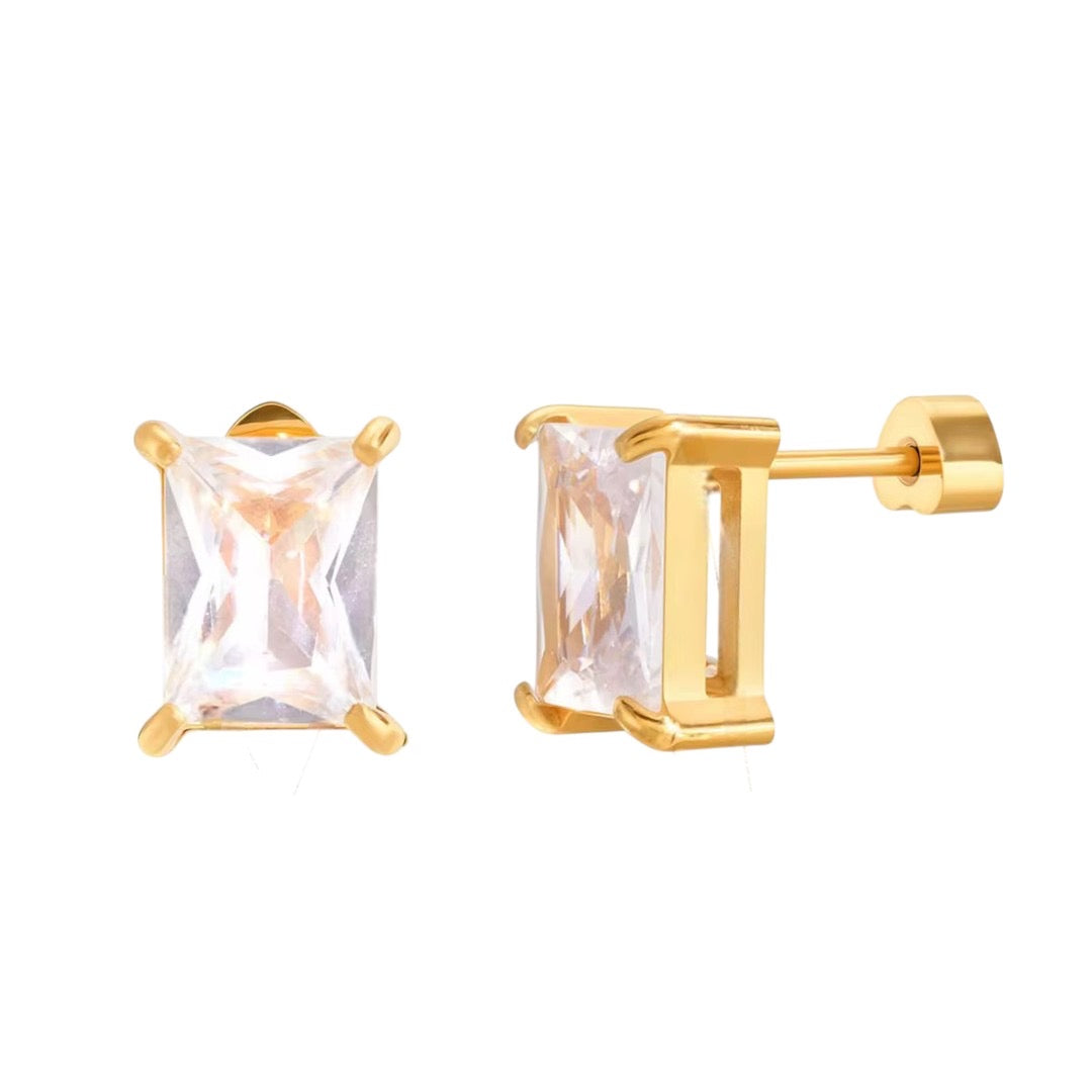 Rectangular gold stud earrings with clear gemstone, minimalist jewelry design