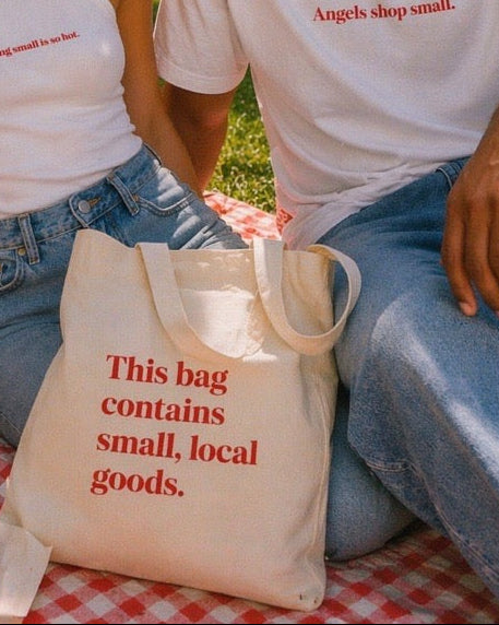 'This bag contains small, local goods.' Organic Canvas Tote
