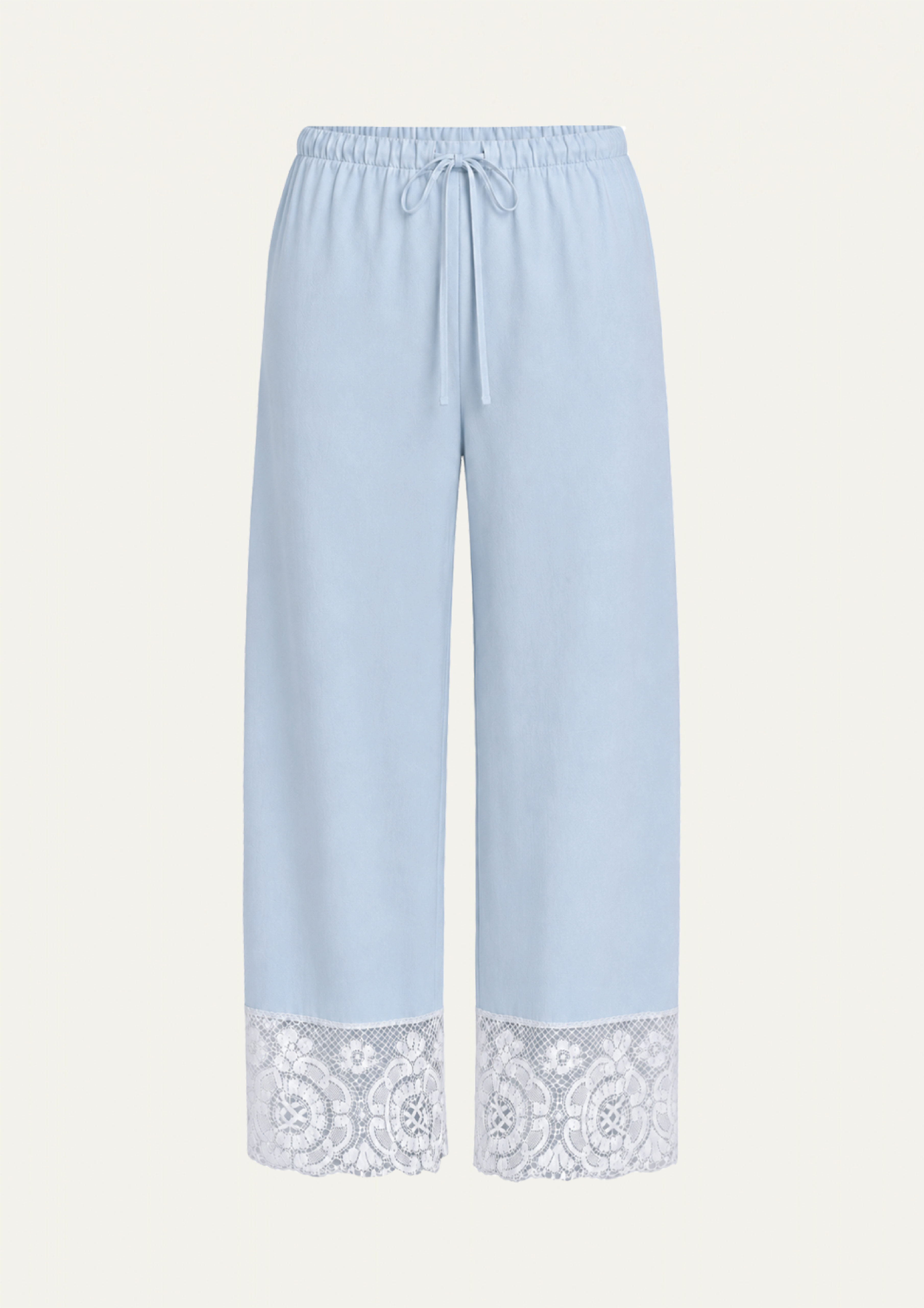 Light blue wide-leg pants with a drawstring waist and a white lace trim at the hem, shown against a plain off-white background.