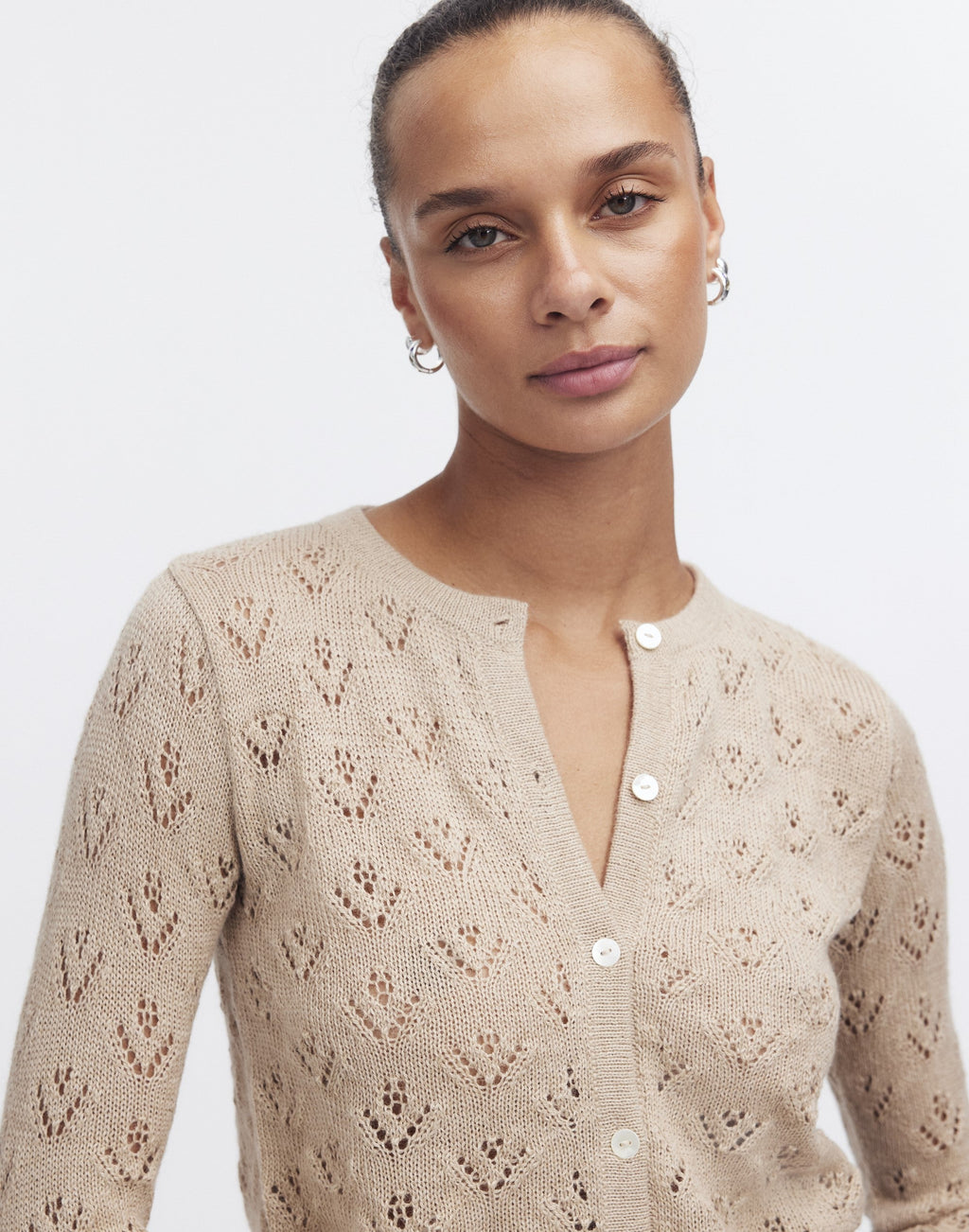 Qupana Alpaca Cardigan — cropped baby alpaca cardigan with delicate lace stitch, lightweight and handmade in Bolivia.
