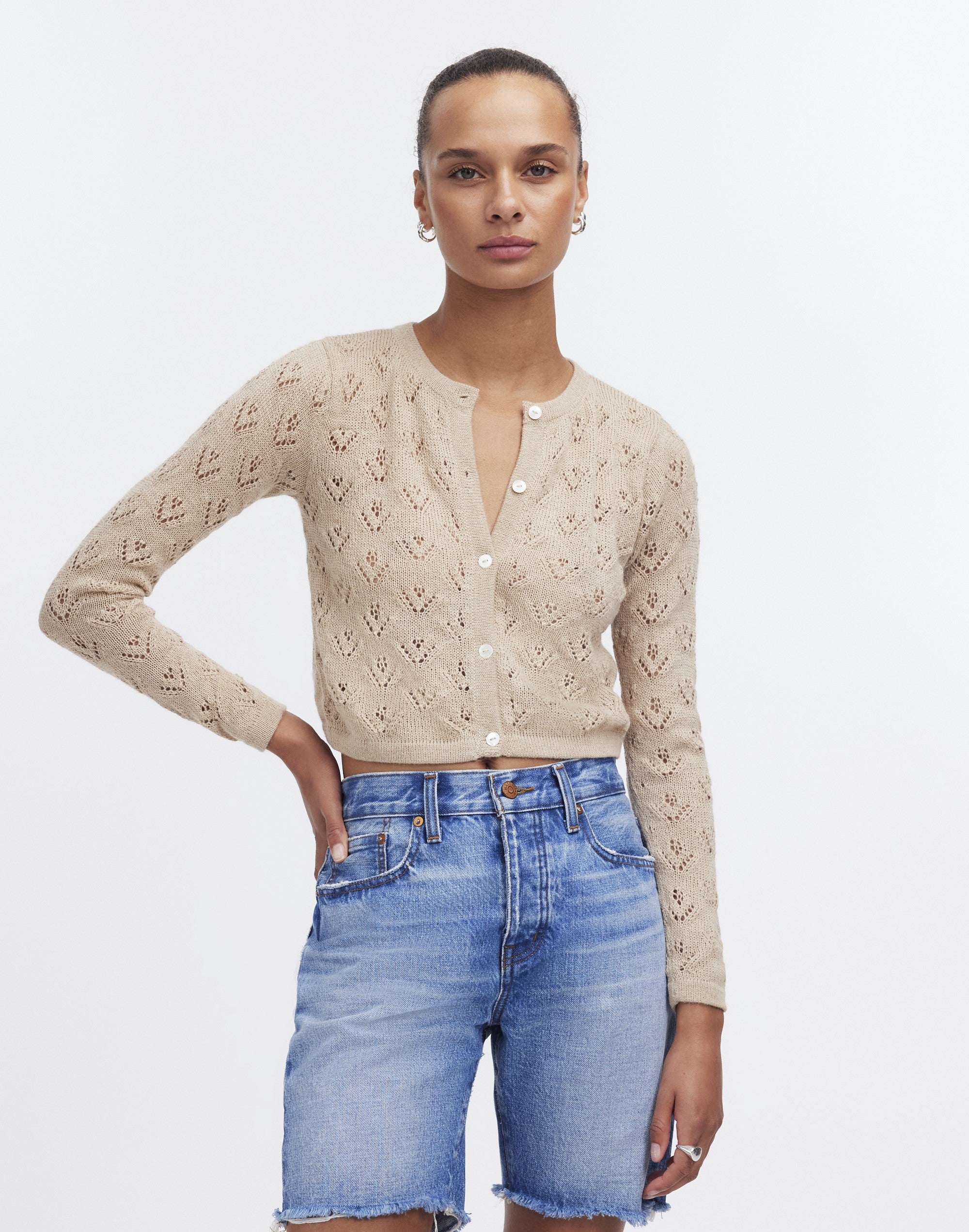 Qupana Alpaca Cardigan — cropped baby alpaca cardigan with delicate lace stitch, lightweight and handmade in Bolivia.