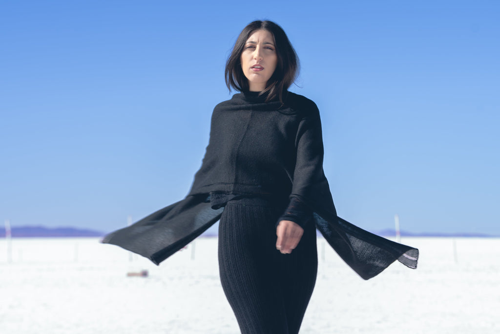 Sisa Alpaca Poncho — handwoven alpaca poncho with elegant drape and timeless silhouette, artisan-made in Bolivia.