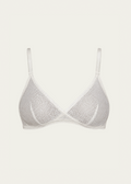 A white lace bralette with thin shoulder straps, displayed against a solid off-white background.