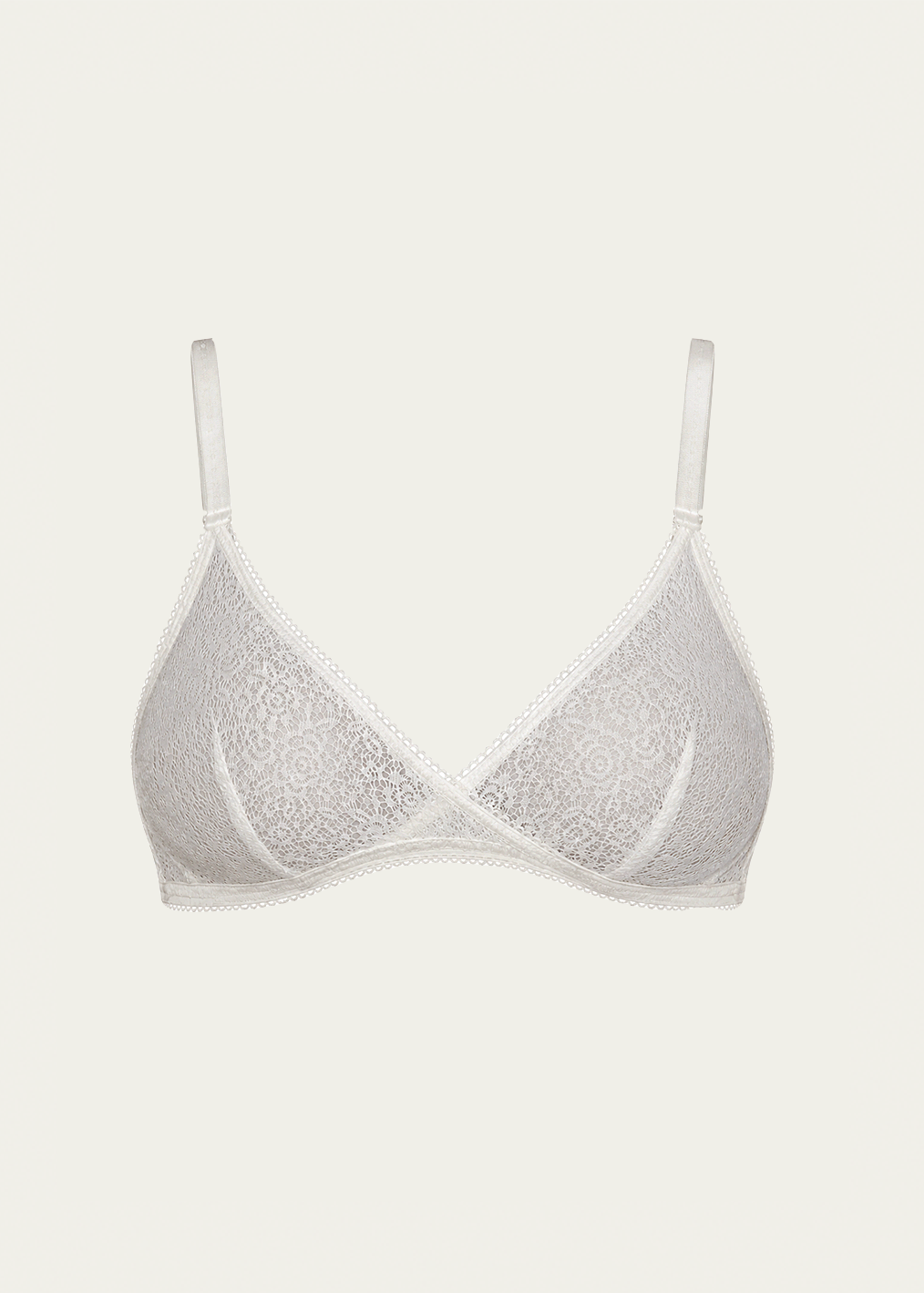 A white lace bralette with thin shoulder straps, displayed against a solid off-white background.