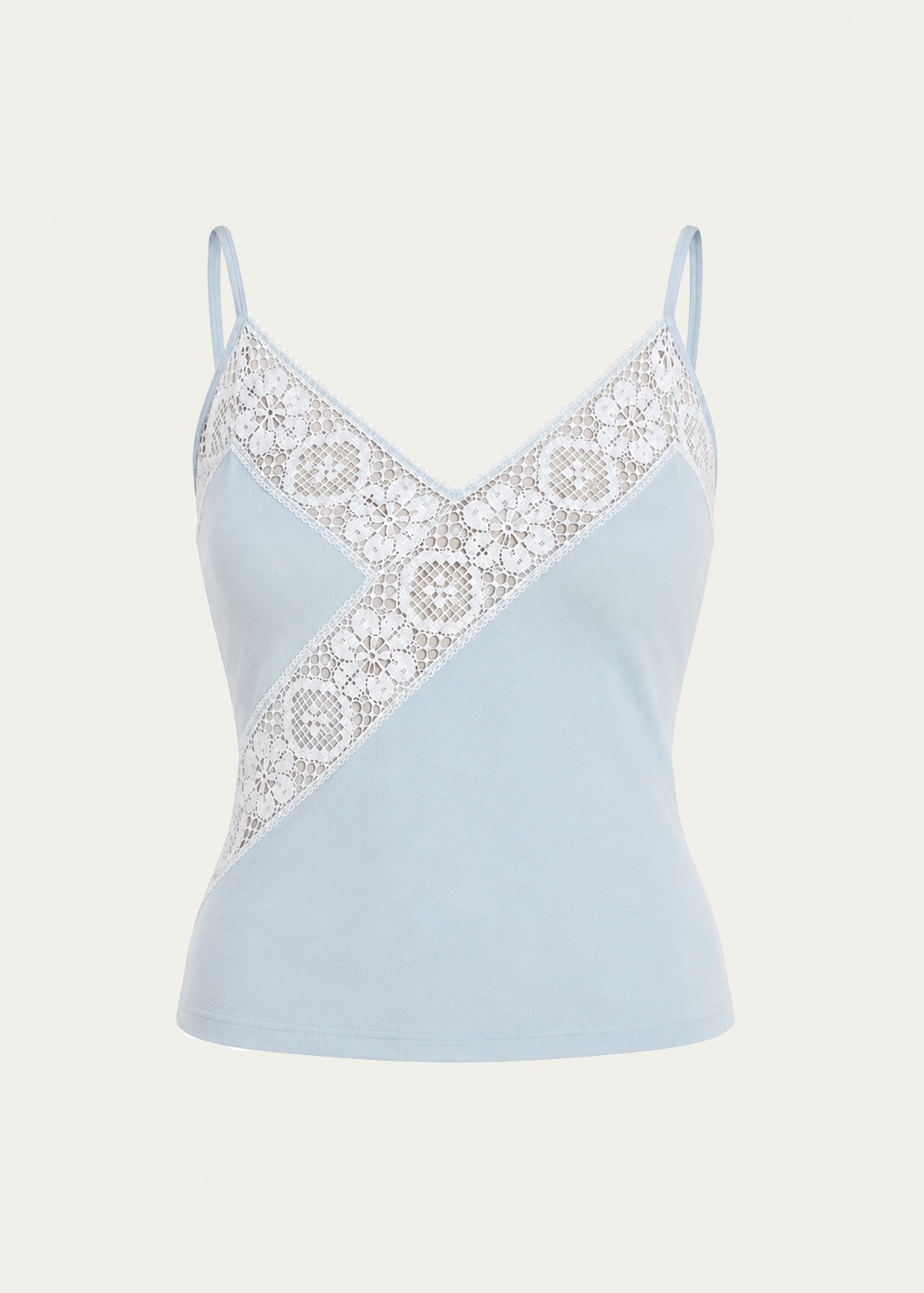 A light blue camisole top with thin straps and a diagonal white lace panel across the chest, shown on a plain light beige background.