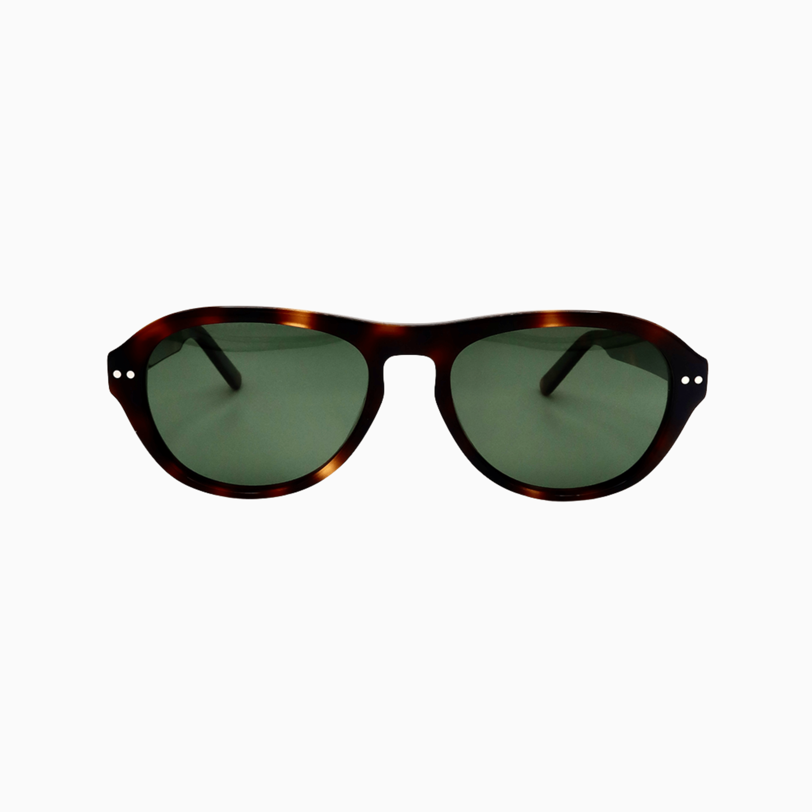 Close-up of Ciren glossy tortoiseshell acetate frame and green lenses
