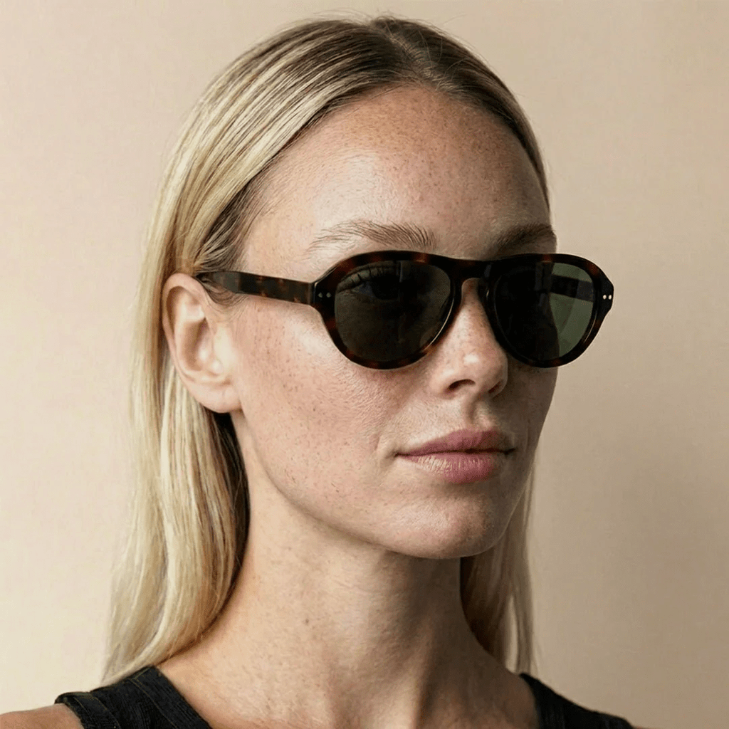 Model wearing Ciren oval tortoiseshell sunglasses, side view