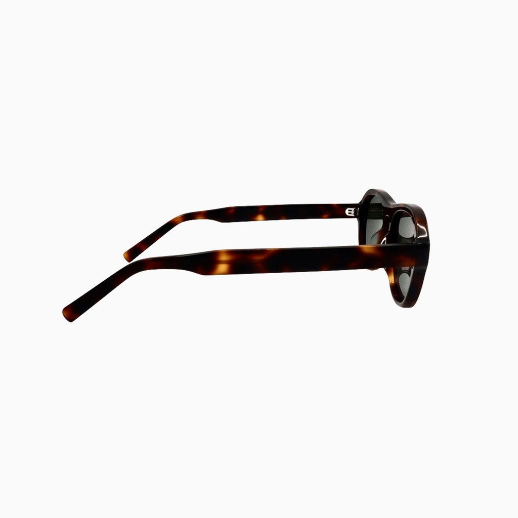 Side profile of Ciren tortoiseshell sunglasses showing titanium hinges
