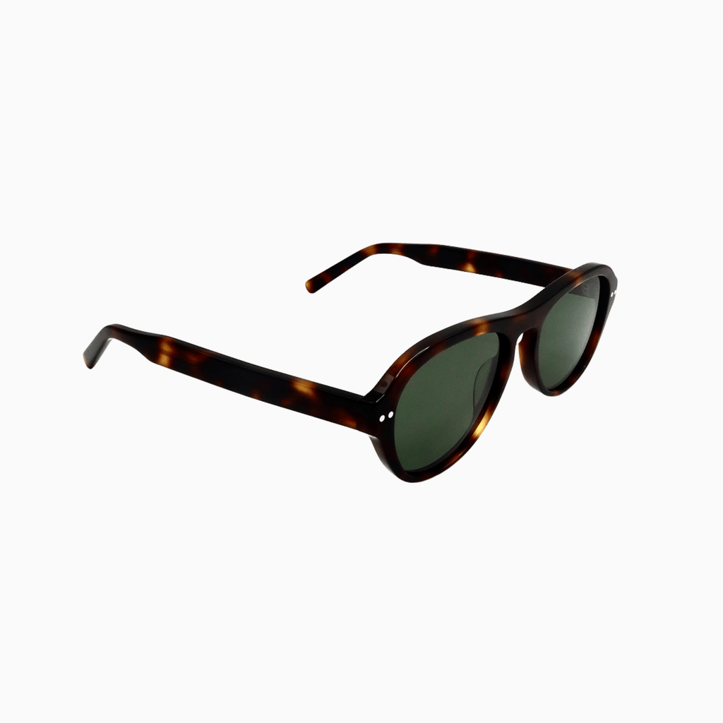 Ciren oval tortoiseshell acetate sunglasses with dark green lenses, side view