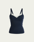 Front view of the Lunetti Luna Top in Midnight Navy, featuring a seamless ribbed body, adjustable straps, and white lace trim along the neckline.